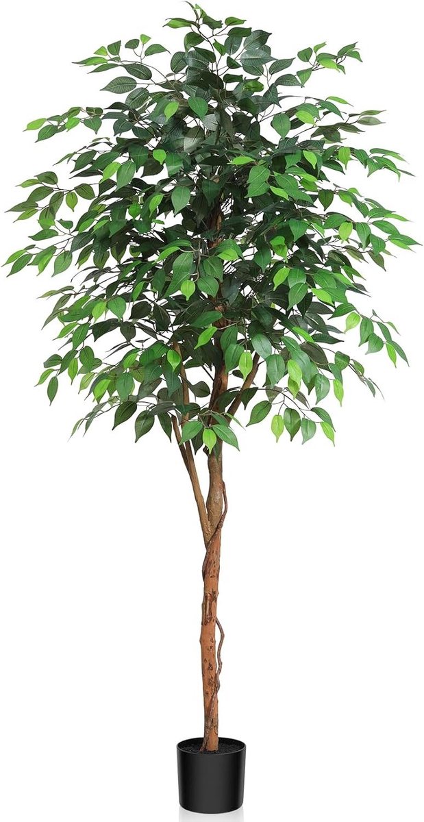 Provento Kunstmatige ficusboom 180 cm hoog - Nepboom voor binnen - Houten stam en zijden bladeren - Thuiskantoor decoratie Bruin