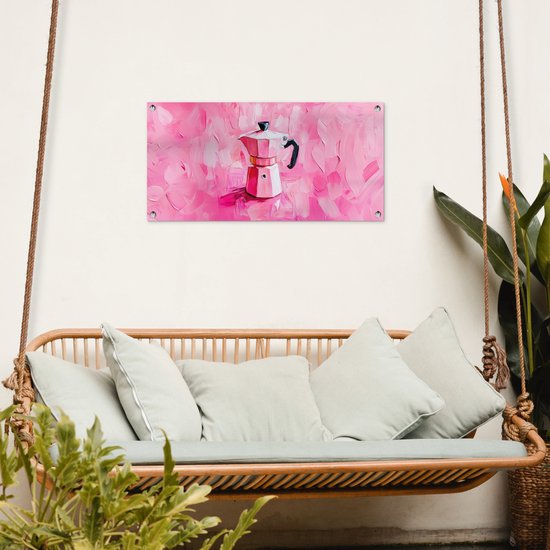 Tuinposter 80x40 cm - Tuindecoratie Roze - Verf - Coffee - Poster voor in de tuin - Buiten decoratie - Schutting tuinschilderij - Tuindoek muurdecoratie - Wanddecoratie balkondoek