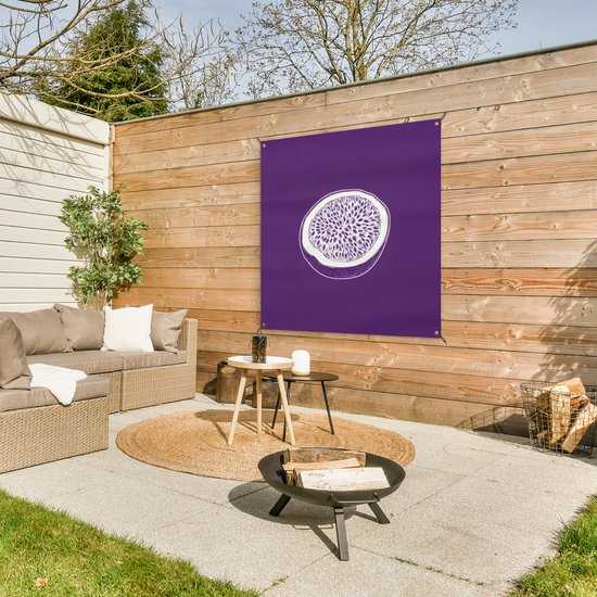 Tuinposter 100x100 cm - Tuindecoratie Passievrucht - Zaadjes - Paars - Minimalistisch - Poster voor in de tuin - Buiten decoratie - Schutting tuinschilderij - Tuindoek muurdecoratie - Wanddecoratie balkondoek
