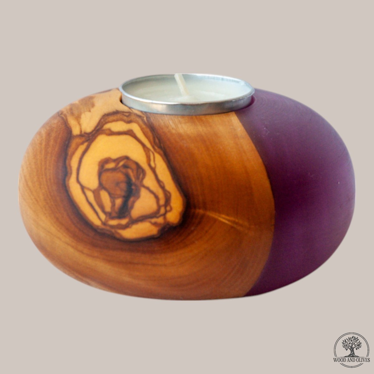 Wood and Olives - Olijfhouten Theelichthouder met Epoxy - Paars - Handgemaakt - 9 cm