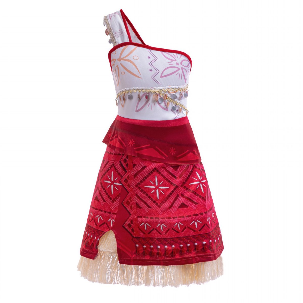 Joya Kids® Oceaanprinses Verkleedjurk Meisje | Polynesische Prinsessenjurk Kind | Hawaï Kostuum | Jurk met Schelpen & Franjes Rood Wit | Carnaval & Verkleedfeest | — afbeelding 2