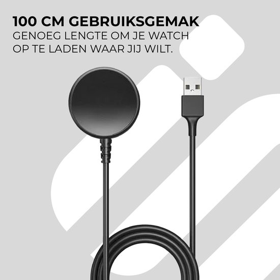 Zwarte ronde smartwatch oplader met 100 cm lange USB-A kabel.