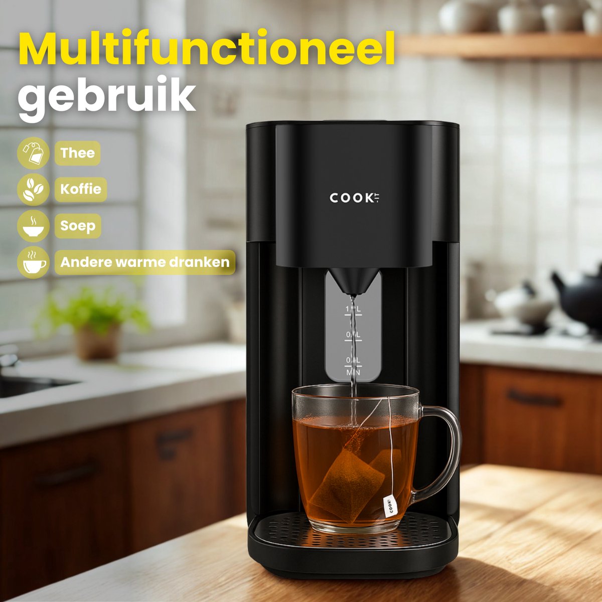 COOK-IT Heetwaterdispenser - 1.5L Instant Waterkoker - 100°C - 250ml per druk - 2200W - BPA-vrij - Heetwatertap - Zwart — afbeelding 4