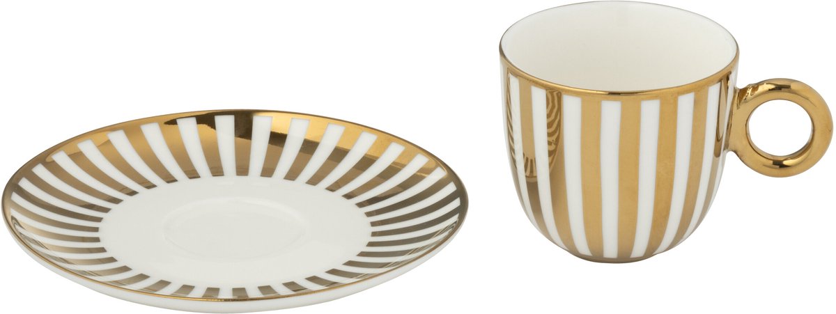 J-Line kopje + schoteltje Gestrepen - porselein - goud/wit - small - doos van 2
