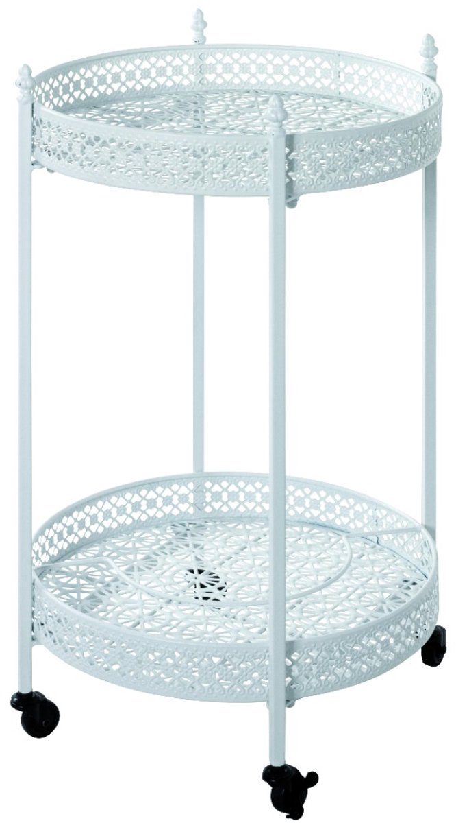 Keukentrolley – Wit metaal met stalen buisframe – Ronde trolley op wielen – 74 cm hoog, 45 cm diameter