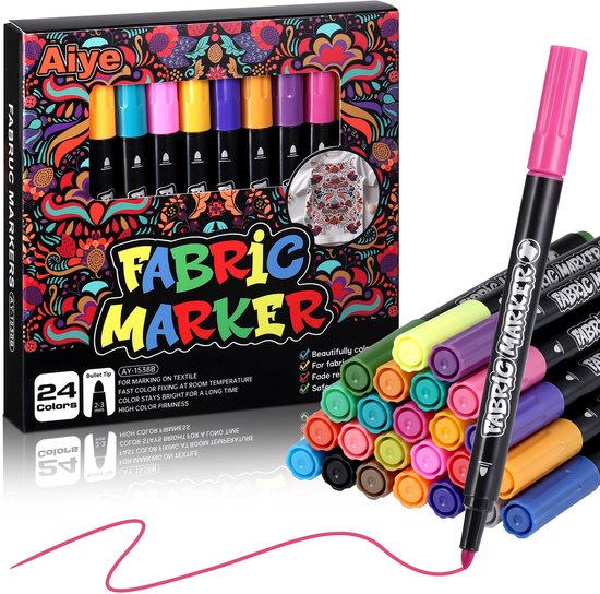 Jeu de 24 feutres textiles Aiye aux couleurs vives, un feutre à pointe rose au premier plan.