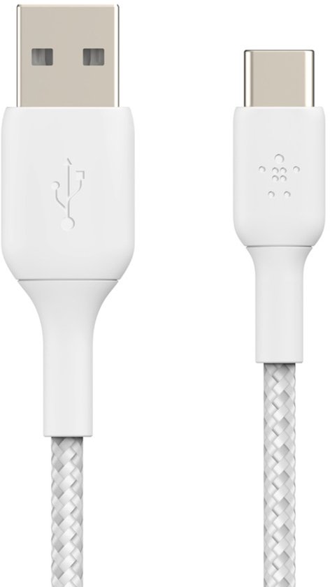 Câble USB-A vers USB-C blanc tressé avec logo Belkin.