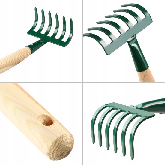 KADAX kleine metalen hark, hark gemaakt van hout, lommerrijke bezems, loudbreak, gazonhark voor tuin, tuin hicke, handhark, kleine ventilatorbroom (groen 6 tanden) van Merkloos	 — afbeelding 3
