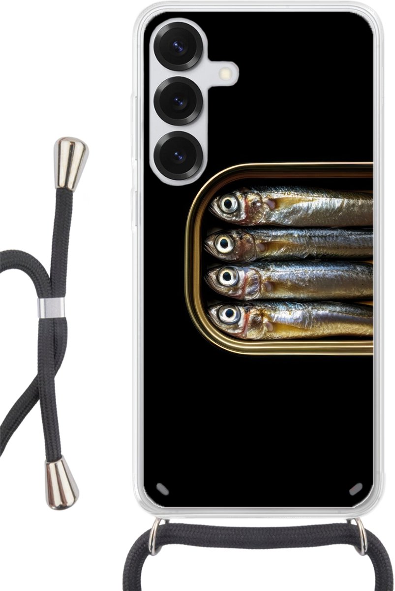 Telefoonhoesje Geschikt voor Samsung Galaxy S25 Plus - Sardines - Blik - Zwart - Vissen - Siliconen - Crossbody - Backcover met Koord - Telefoonhoesje met koord - Hoesje met touw Telefoonhoesje
