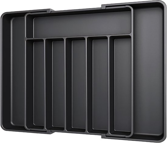 Range-couverts noir extensible à 8 compartiments, vu sous un angle.