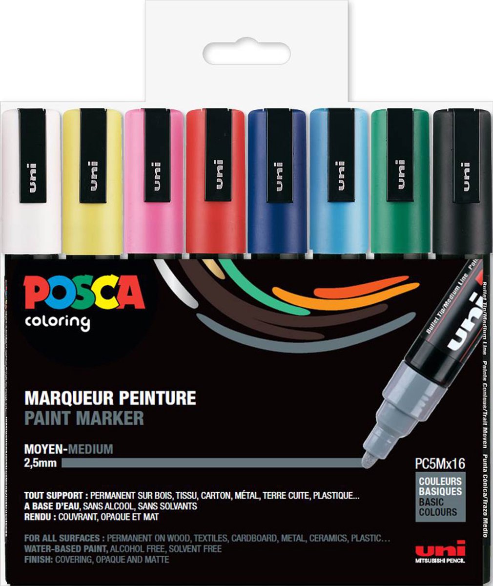 Posca stiften set 5M wit/zwart/goud/zilver — afbeelding 19