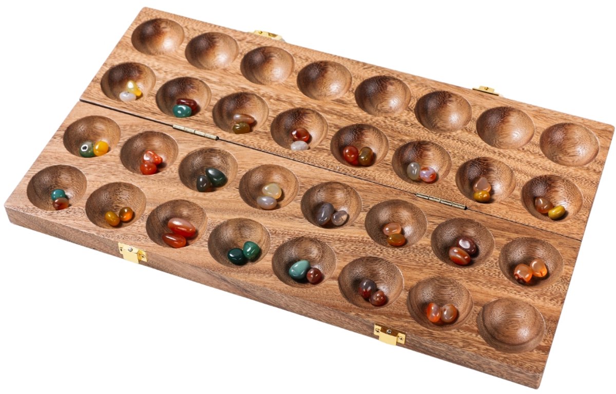 Mancala Walnoot Dubbel – Houten Strategiespel – Luxe Kalaha Bordspel – Klassiek Denkspel – 2 Spelers – Inclusief Edelstenen – Engelhart