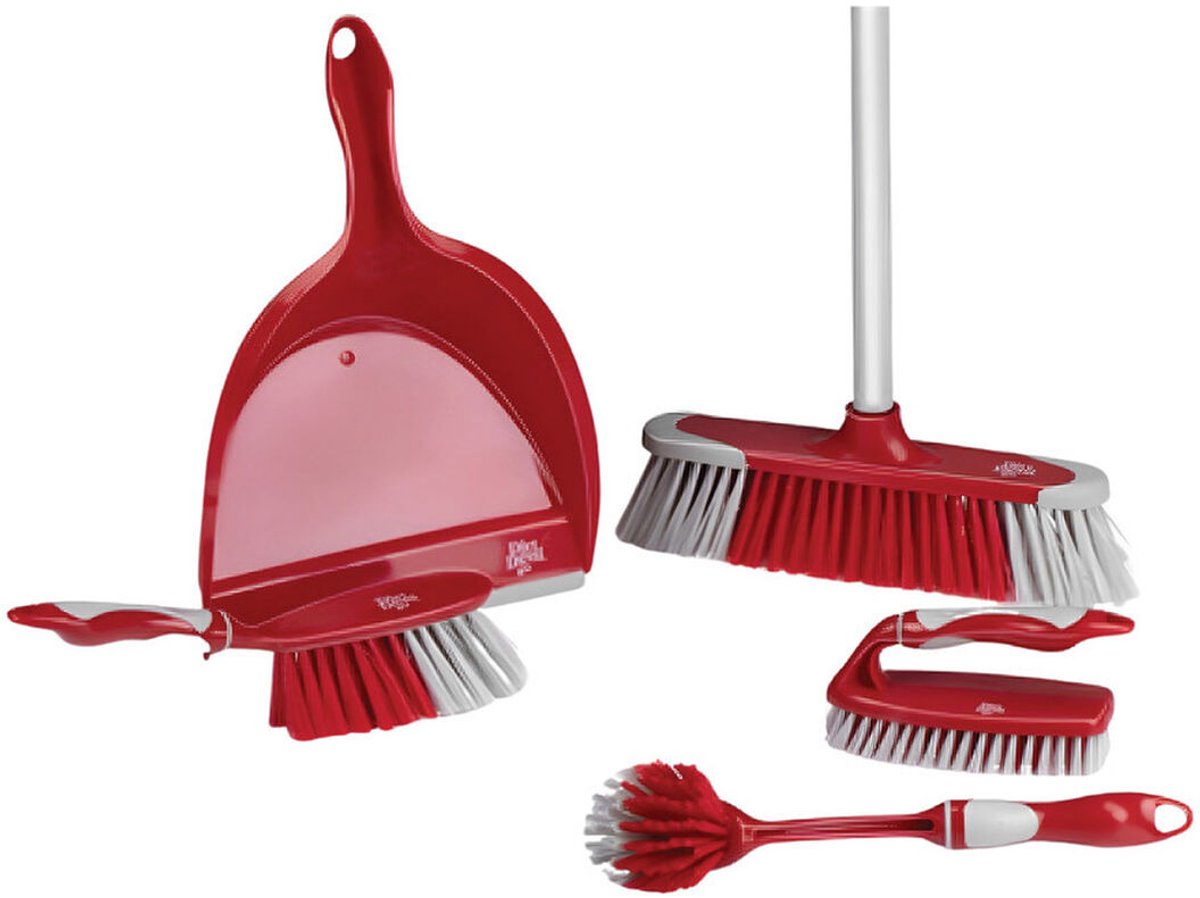 Dirt Devil Schoonmaakset 6 Stuks - Afwasborstel/ Handschrobber/ Zachte Bezem met Steel / Stoffer en Blik - Rood/ Grijs