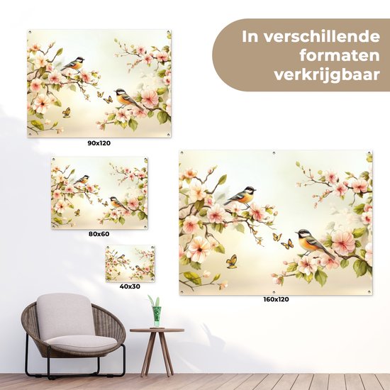 Affiche de jardin 80x60 cm - Décoration de jardin Branches - Fleurs - Oiseaux - Rose - Affiche pour le jardin - Décoration extérieure - Tableau de jardin clôture - Décoration murale sur toile de jardin - Décoration murale sur toile de balcon