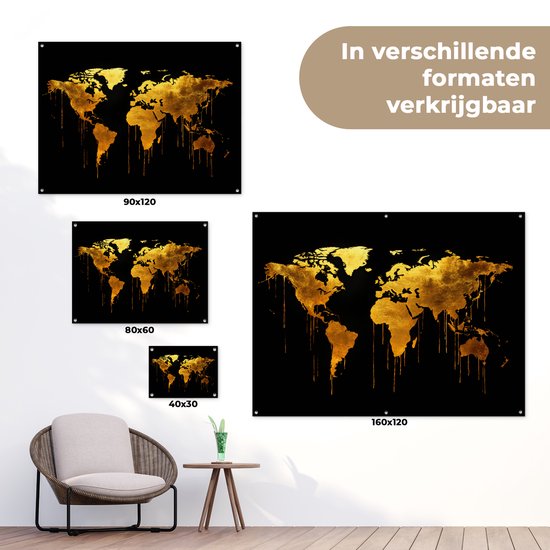Tuinposter 80x60 cm - Tuindecoratie Wereldkaart - Goud - Druipen - Zwart - Poster voor in de tuin - Buiten decoratie - Schutting tuinschilderij - Tuindoek muurdecoratie - Wanddecoratie balkondoek