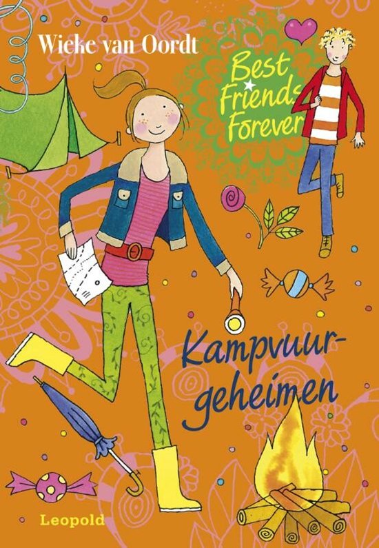 Boekcover 'Kampvuur geheimen' met meisje, tent, kampvuur en jongen.