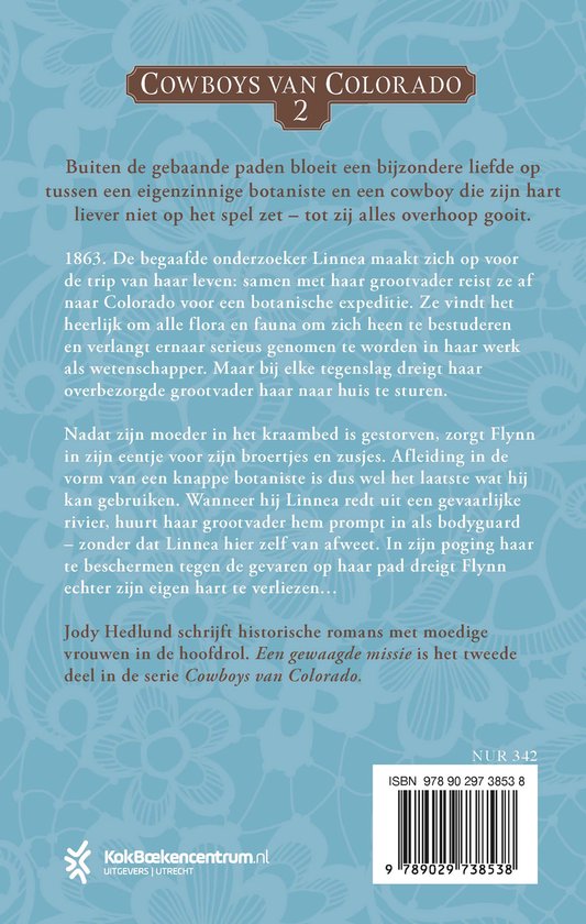 Achterkant van het boek 'Cowboys van Colorado 2 - Een gewaagde missie' van Jody Hedlund, met de ISBN-barcode.