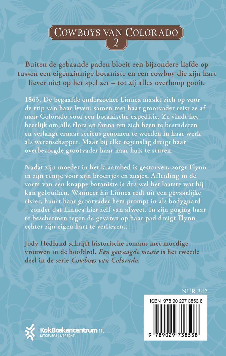Achterkant van het boek 'Cowboys van Colorado 2 - Een gewaagde missie' van Jody Hedlund, met de ISBN-barcode.
