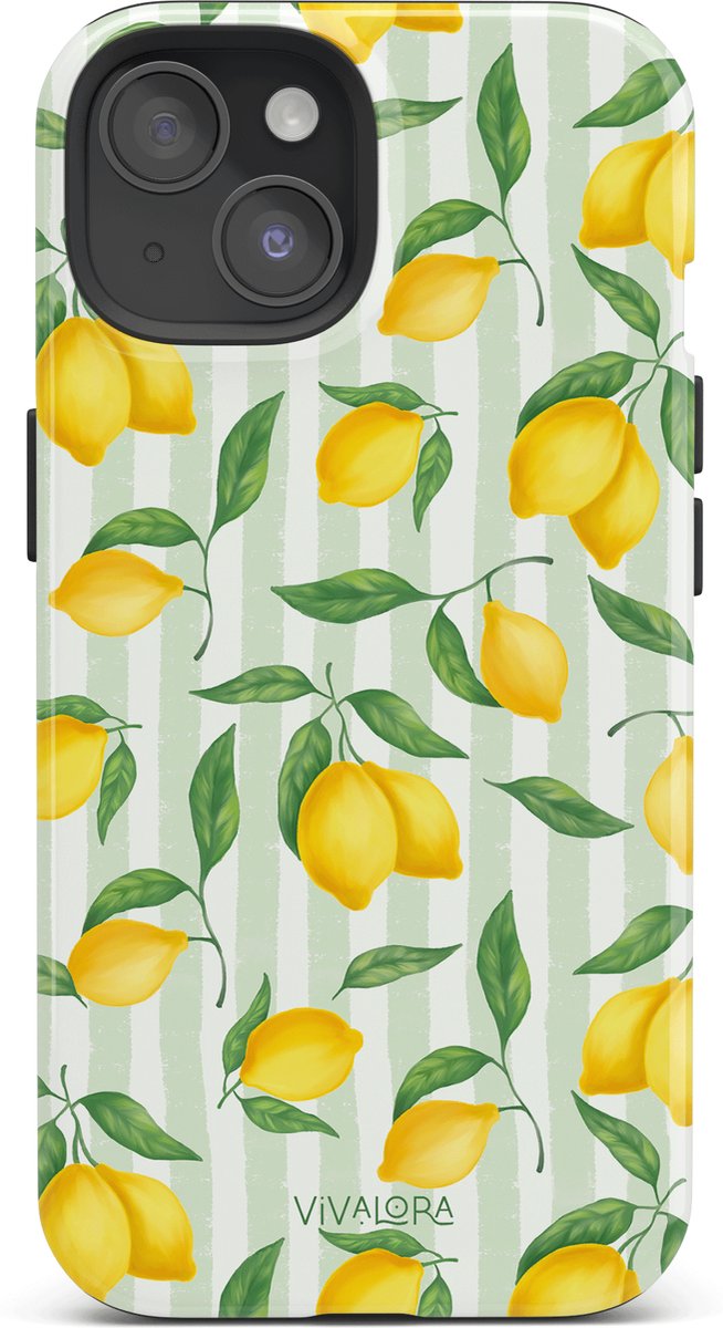 VivaLora Tough Telefoonhoesje iPhone 15 met MagSafe - Citrus Stripes Print - 2-in-1 Phone Case - Hard Case & Siliconen Back - Citroenen Dessin - Extra Bescherming - Shockproof - Geel/Groen