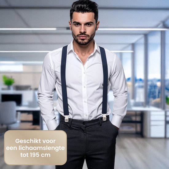 Man met wit overhemd en grijze broek, met donkerblauwe bretels en zilverkleurige clips. Tekst: 'Geschikt voor een lichaamslengte tot 195 cm'.