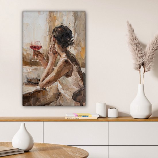 Tableau Peinture sur Toile - Femme - Vin - Peinture à l'Huile - 40x60 cm - Décoration murale
