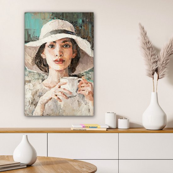 Tableau Tableau - Femme - Peinture à l'Huile - Chapeau - Café - 60x90 cm - Décoration murale