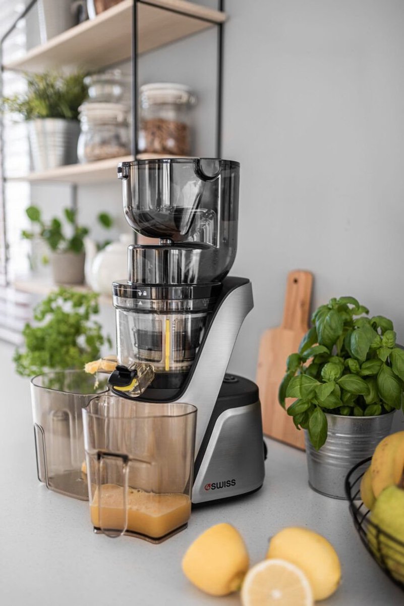 4SWISS Slow Juicer Swan BM105 Platinium Silver, Aantrekkelijk ontwerp, 400 W, 32 tpm, Reverse-functie, XXL-opening thumbnail 4