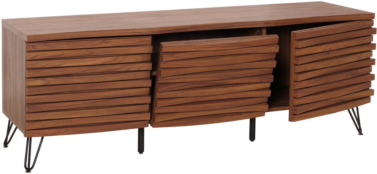 MCW TV-rek MCW-M49, lowboard TV-meubel, opbergvakken in 3D-design, MDF metaal 52x142x44cm ~ walnoot look