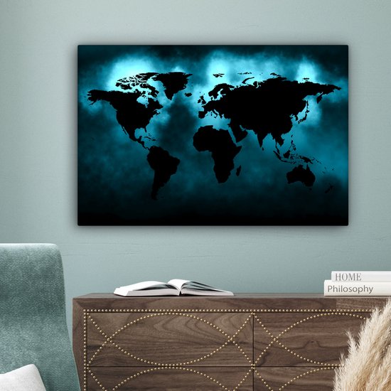 Carte du monde noire sur fond sombre aux couleurs bleues 90x60 cm