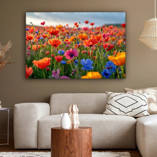 Canvas Schilderij 120x80 cm - Bloemen - Klaprozen - Kleurrijk - Natuur - Wanddecoratie woonkamer - Muurdecoratie keuken - Slaapkamer decoratie - Schilderijen - Woonaccessoires