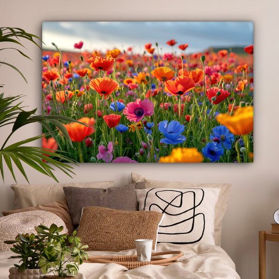 Canvas Schilderij 120x80 cm - Bloemen - Klaprozen - Kleurrijk - Natuur - Wanddecoratie woonkamer - Muurdecoratie keuken - Slaapkamer decoratie - Schilderijen - Woonaccessoires