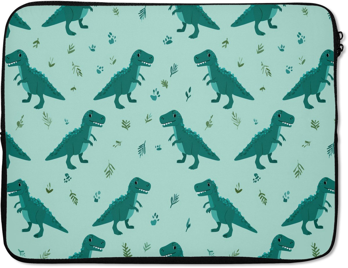 Laptophoes 15.6 inch - Donkergroen - Dinosaurussen - Afdrukken - Bladeren - Laptop sleeve - Binnenmaat 37x26 cm - Zwarte achterkant