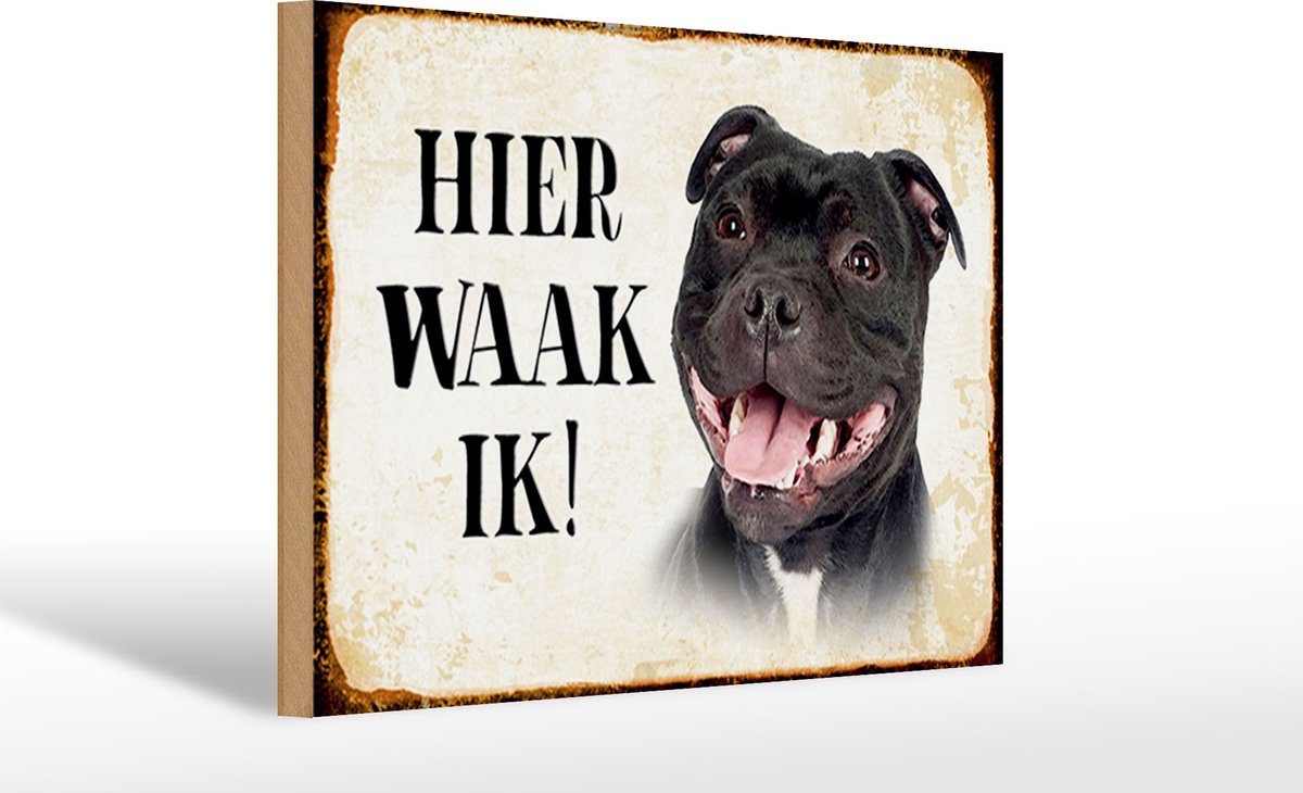 Femer Houten bordje van FEMER 30x20cm met tekst nederlands Hier Waak ik Staffordshire Bull Terrier Multi