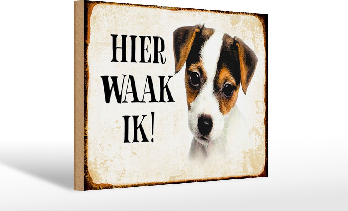 Femer Houten bordje van FEMER 30x20cm met tekst nederlands Hier Waak ik Jack Russell Terrier Puppy Bruin