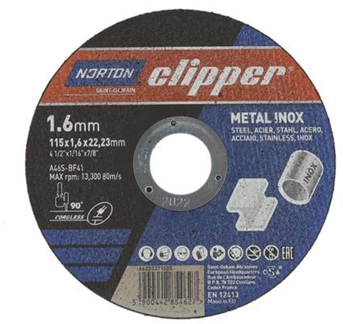 Doorslijpschijf D115x1,6mm Type 41 Metaal-Inox Boring 22,23mm NORTON CLIPPER