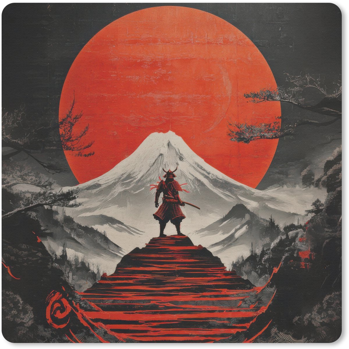 Muismat 20x20 cm - Mousepad Krijger - Rode trappen - Zon - Berg - Muismatten