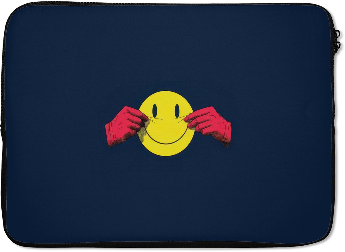 Laptophoes 13 inch - Smiley - Geel - Handen - Minimalistisch - Laptop sleeve - Binnenmaat 32x22,5 cm - Zwarte achterkant