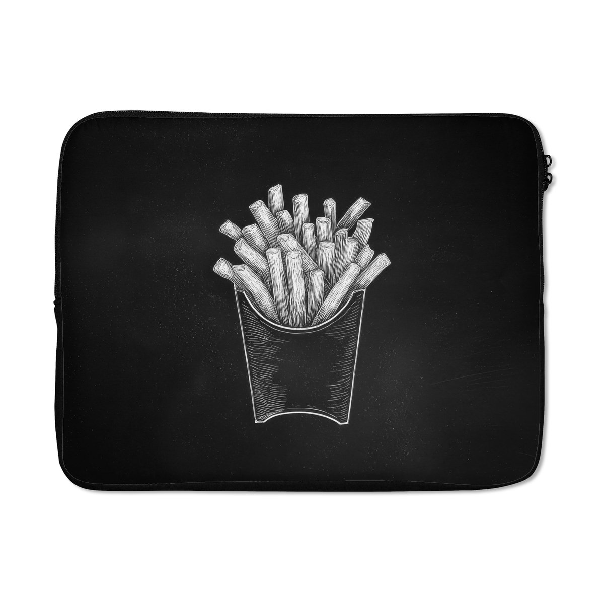 Laptophoes 17 inch - Friet - Witte krijttekening - Zwart - Laptop sleeve - Binnenmaat 41x28 cm - Zwarte achterkant