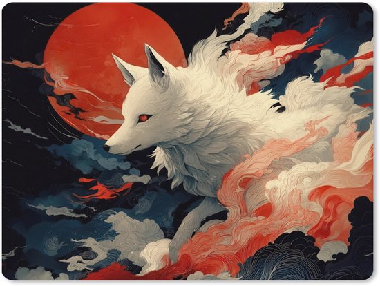 Witte vos met rode ogen in vlammende rode en blauwe wolken, tegen een grote rode maan.