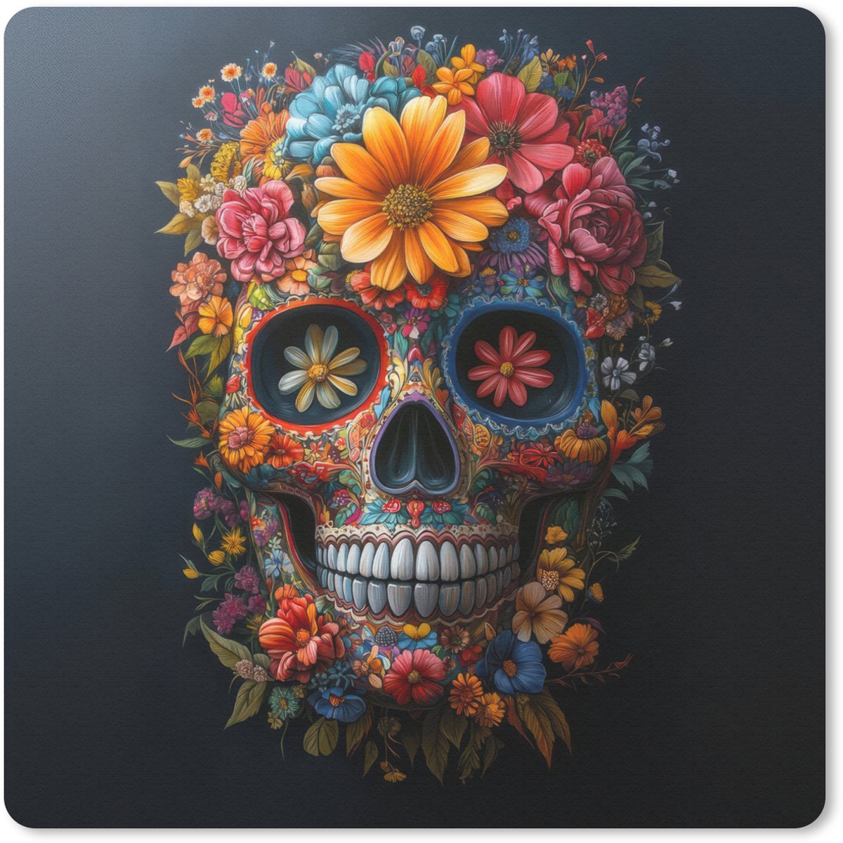 Muismat 20x20 cm - Mousepad Bloemen - Kleurrijk - Schedel - Muismatten