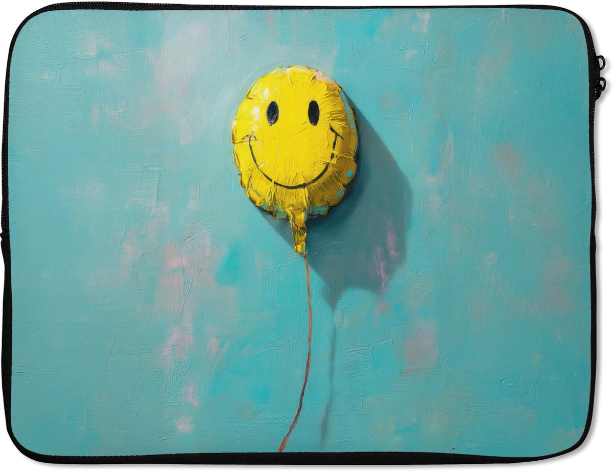 Laptophoes 15.6 inch - Ballon - Geel - Smiley - Laptop sleeve - Binnenmaat 37x26 cm - Zwarte achterkant