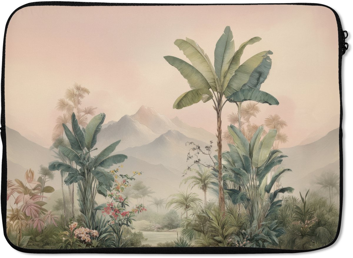 Laptophoes 13 inch - Tropisch landschap - palmbomen - Bloemen - Roze lucht - Laptop sleeve - Binnenmaat 32x22,5 cm - Zwarte achterkant