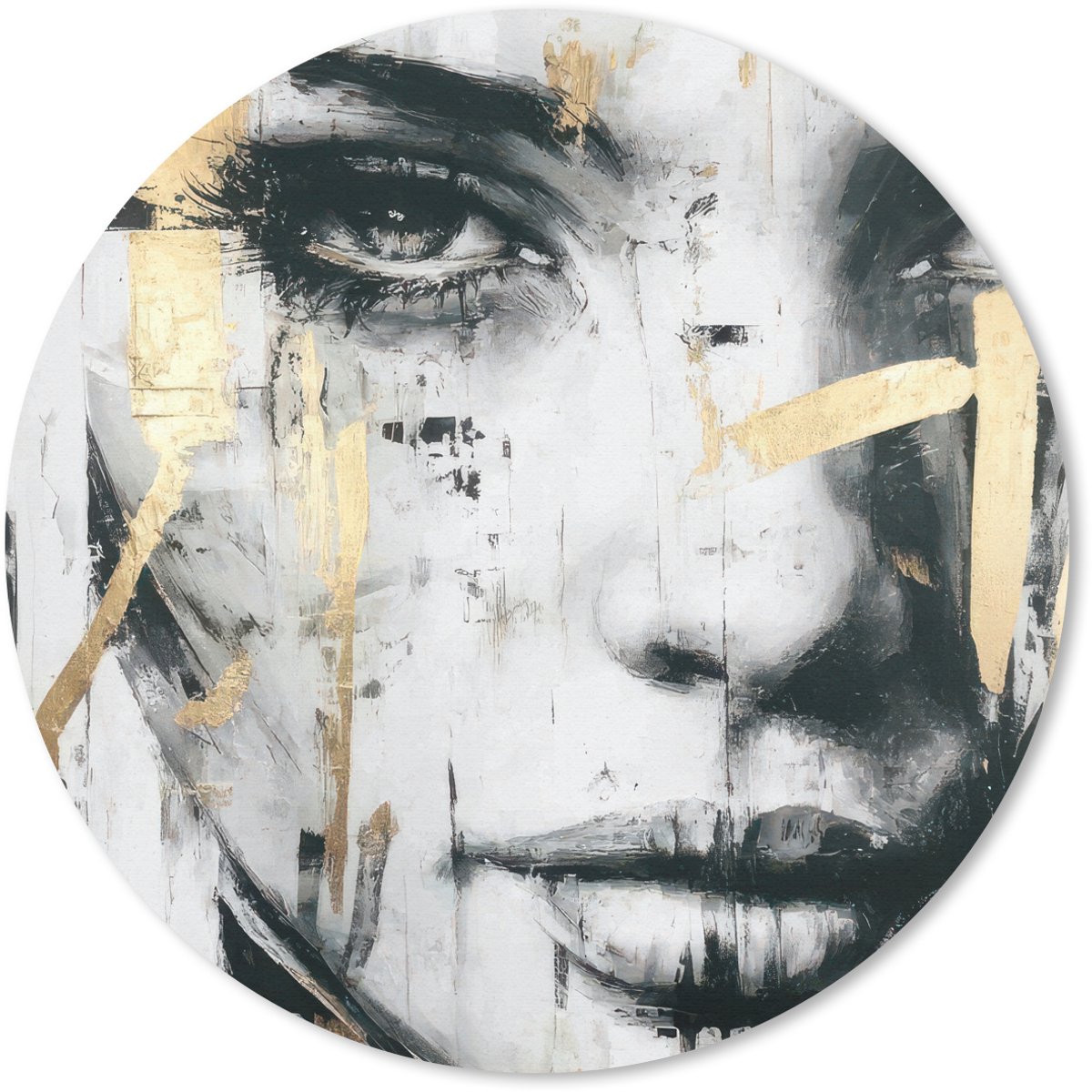 Muismat rond 20x20 cm - Mousepad Portret - Vrouw - Penseelstreken - Goud - Ronde muismatten