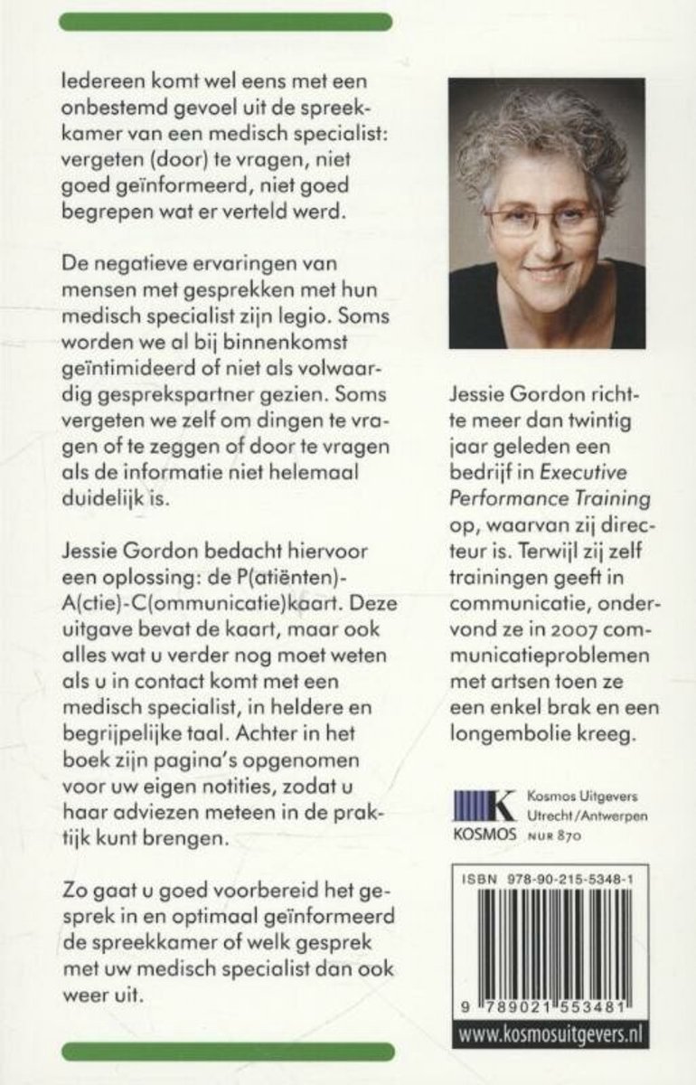 Boekomslag met een portret van Jessie Gordon, met de titel 'Zo praat je met je arts'.