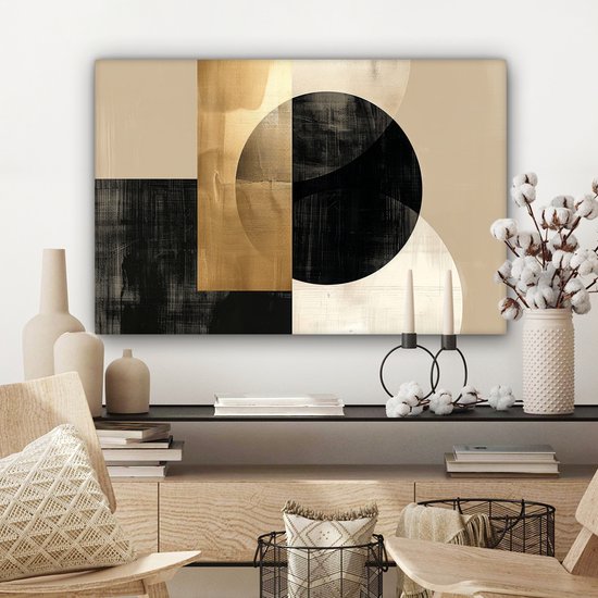 Peinture sur toile 90x60 cm - Décoration murale Abstrait - Moderne - Zwart - Or - Décoration murale salon - Décoration chambre moderne - Tableaux abstraits