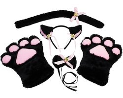 Katten Cosplay Set Pluche Klauwen Handschoenen Kattenoren Staart Halsband Poten Schattig Schattig Feestkostuum Set voor Kinderen en Volwassenen (Zwart)