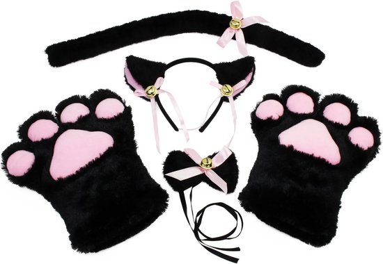 Katten Cosplay Set Pluche Klauwen Handschoenen Kattenoren Staart Halsband Poten Schattig Schattig Feestkostuum Set voor Kinderen en Volwassenen (Zwart)