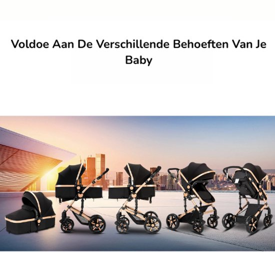 NaevaMi Luxe 3-in-1 Kinderwagen - Buggy - Inclusief Autostoeltje - Reiswieg - Inklapbaar - Lichtgewicht Kinderwagen Reissysteem - Multifunctionele Kinderwagen met Aluminium Frame - 0-36 maanden - Kinderwagen 3 in 1 - Maxi Cosi - Zwart Goud van Merkloos — afbeelding 4