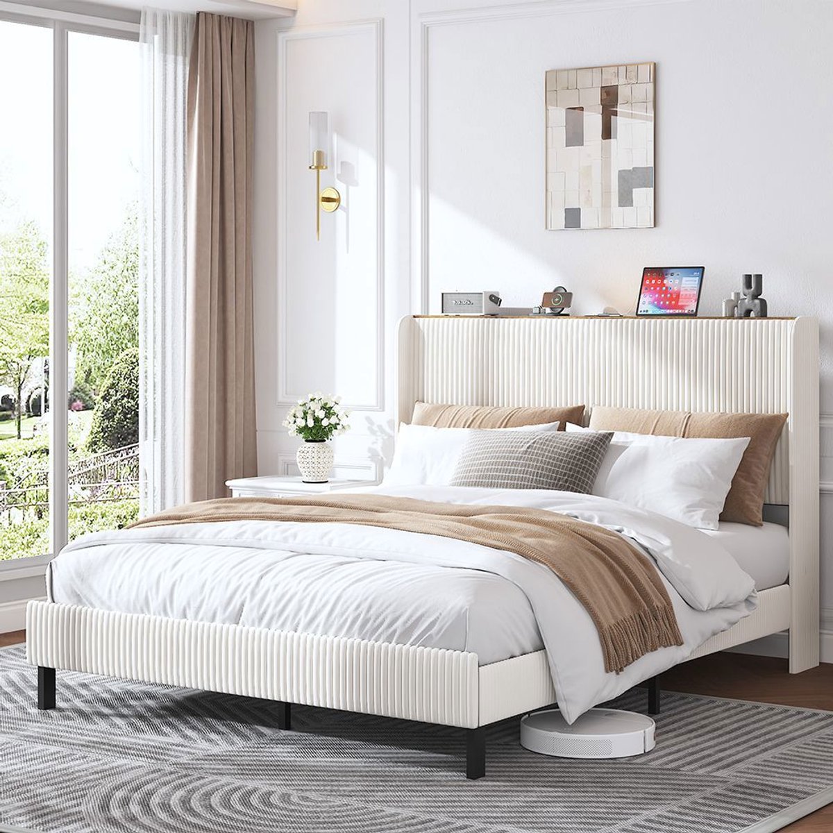 KOMHTOM BLACKCOLORS Bedframe 160*200 gestoffeerd platformbed met stoffen hoofdeinde, ontwerp met gebogen randen/antislip en geruisloos/metalen latten/zonder lattenbodem Beige+Crème