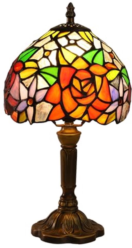 Tafellamp met een lampenkap van gekleurd glas in lood met een roosmotief, met een bronzen voet.